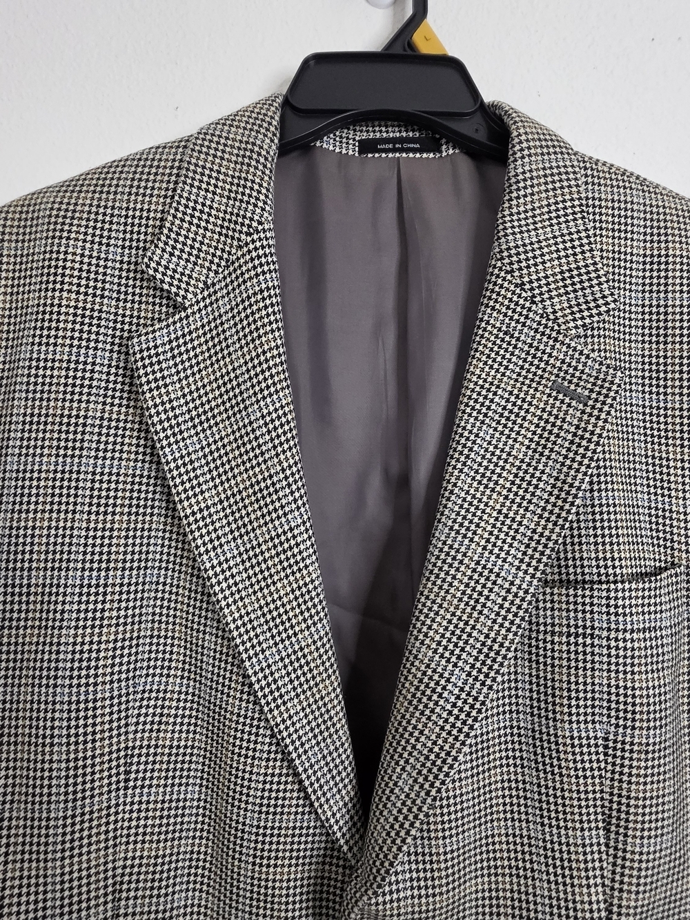 Chaps Men's 46R Silk Blazer Sport Coat Houndstooth Plaid Beige Blue Two Button - Picture 2 of 16